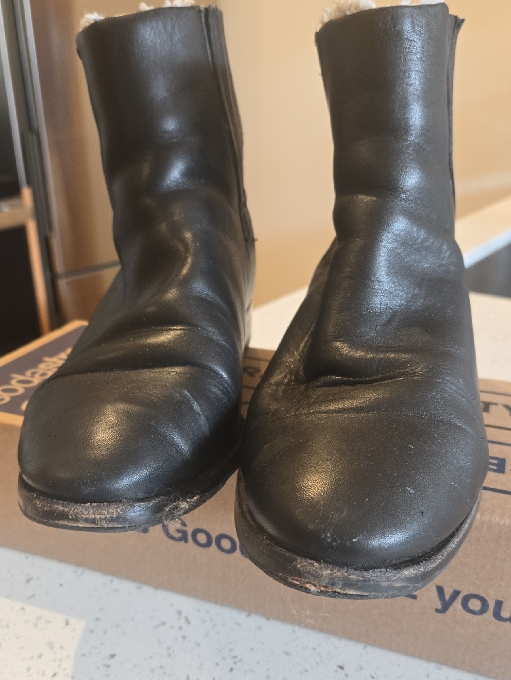 J. Crew Black Leather Ankle Booties with Shearling Trim And Vibram Traction